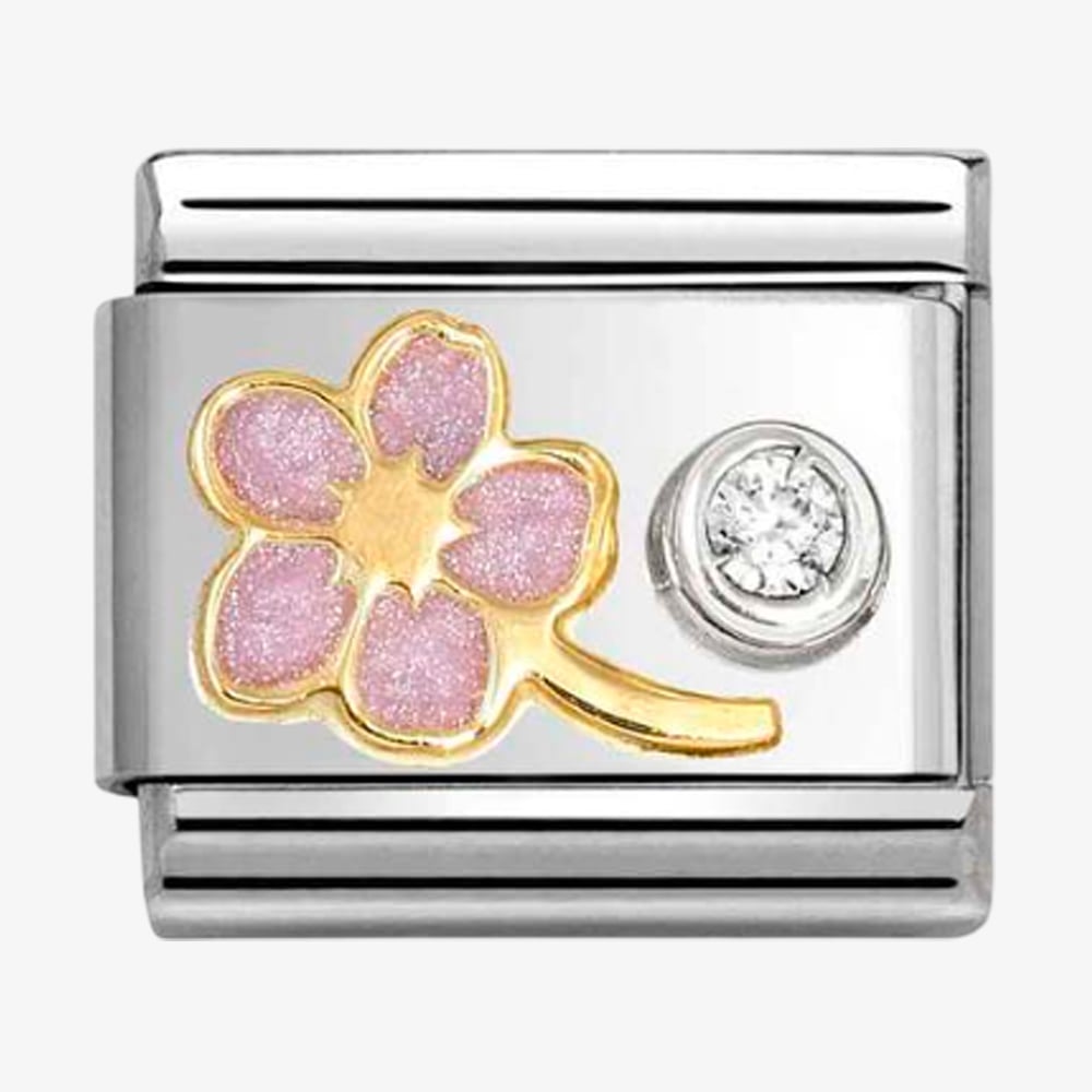 Product photograph of Nomination Classic Stainless Steel 18ct Yellow Gold Cubic Zirconia Pink Myosotis Charm 630302 08 from The Jewel Hut