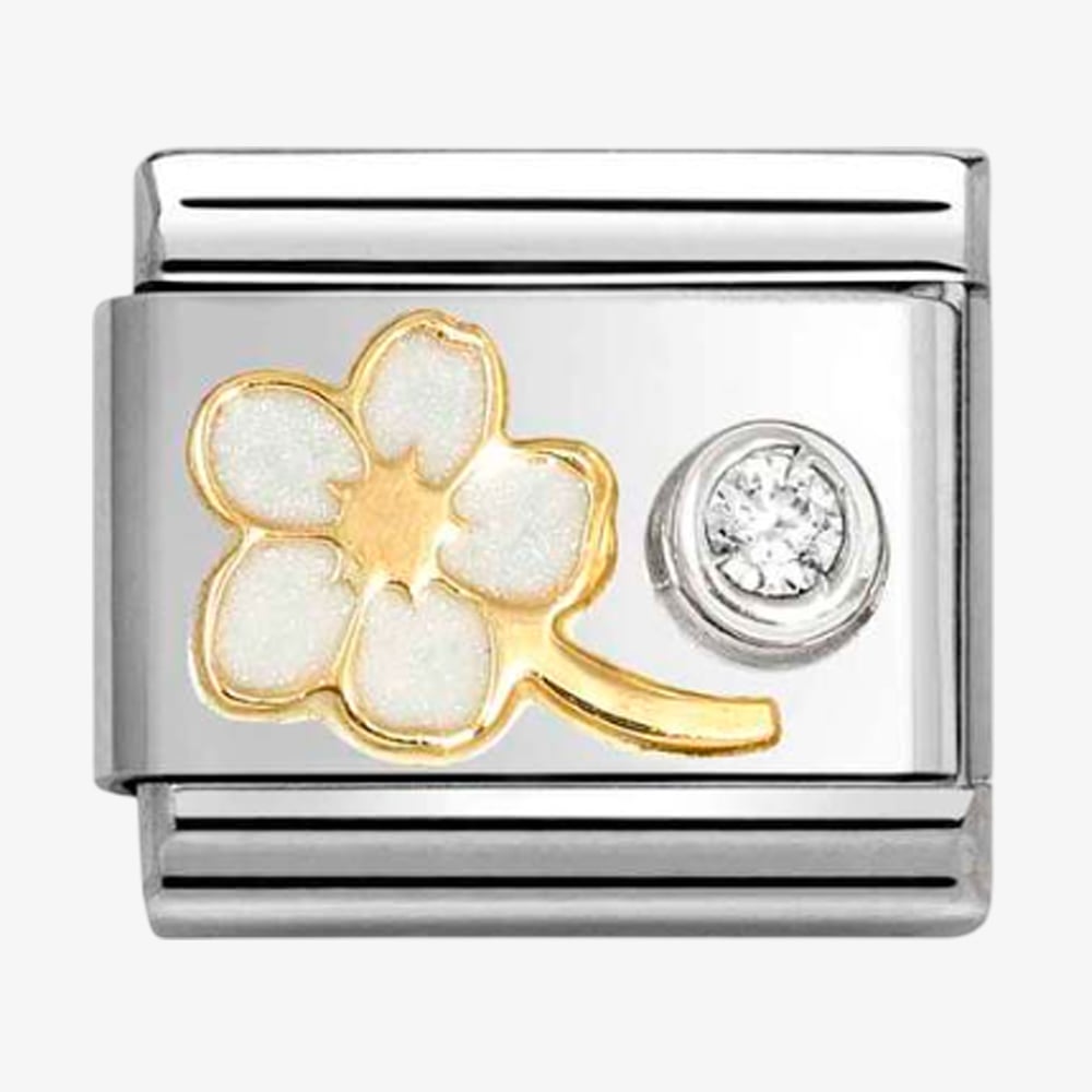 Product photograph of Nomination Classic Stainless Steel 18ct Yellow Gold Cubic Zirconia White Myosotis Charm 630302 10 from The Jewel Hut