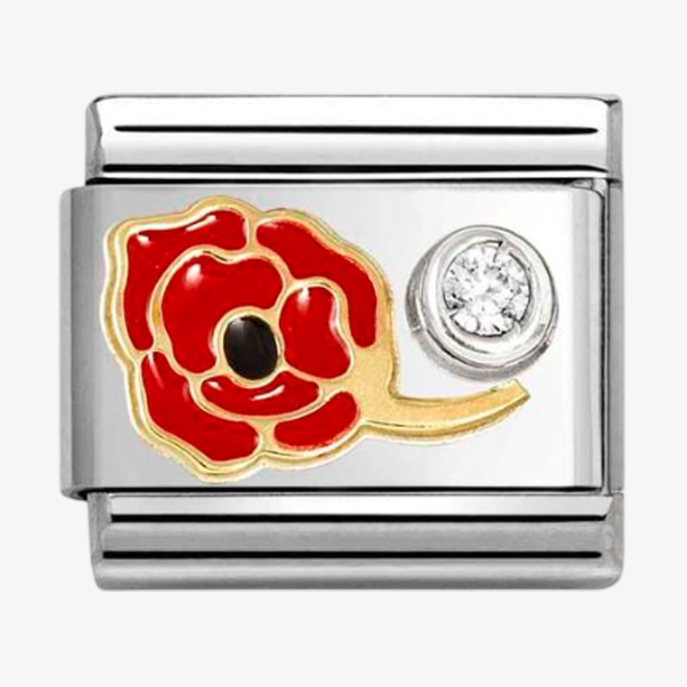Product photograph of Nomination Classic Stainless Steel 18ct Yellow Gold Cubic Zirconia Red Rose Charm 630302 11 from The Jewel Hut
