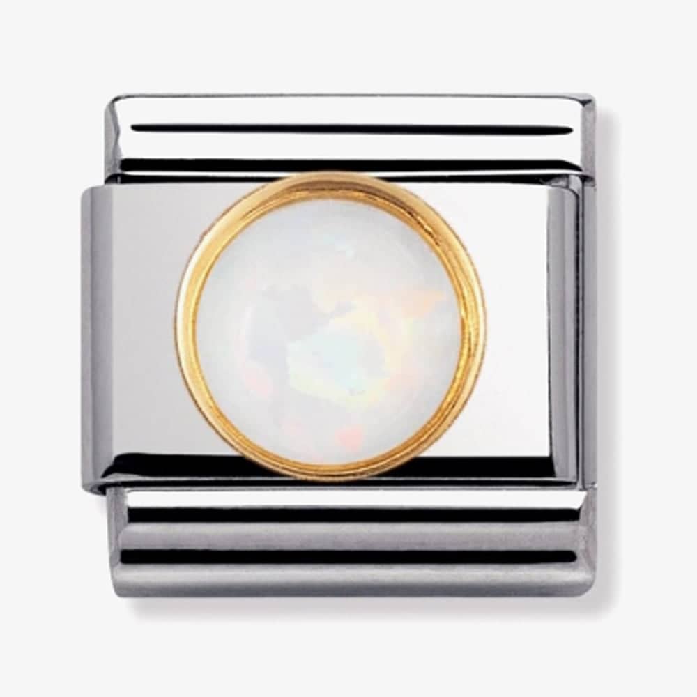 Product photograph of Nomination Classic Gold Round Stones White Opal Charm 030503 07 from The Jewel Hut
