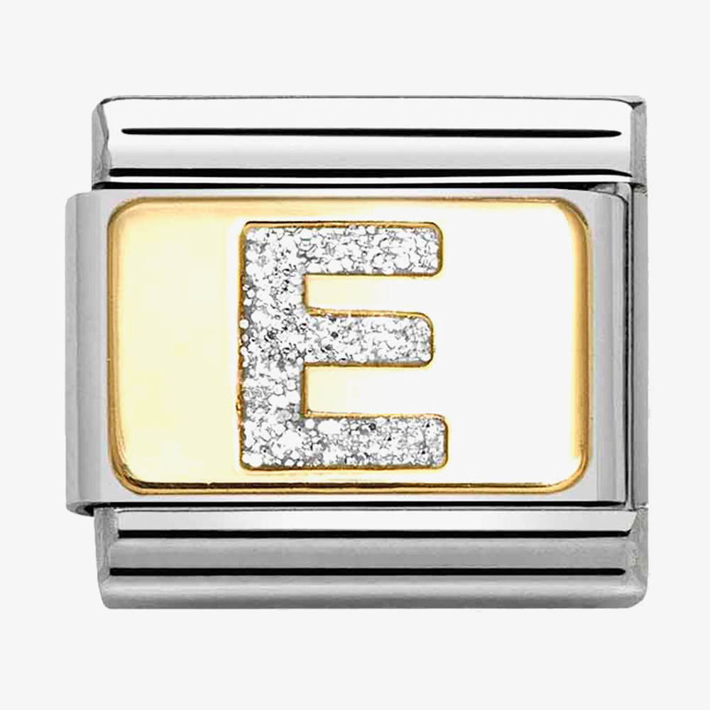 Product photograph of Nomination Classic Silver Glitter Letter E Charm 030291 05 from The Jewel Hut