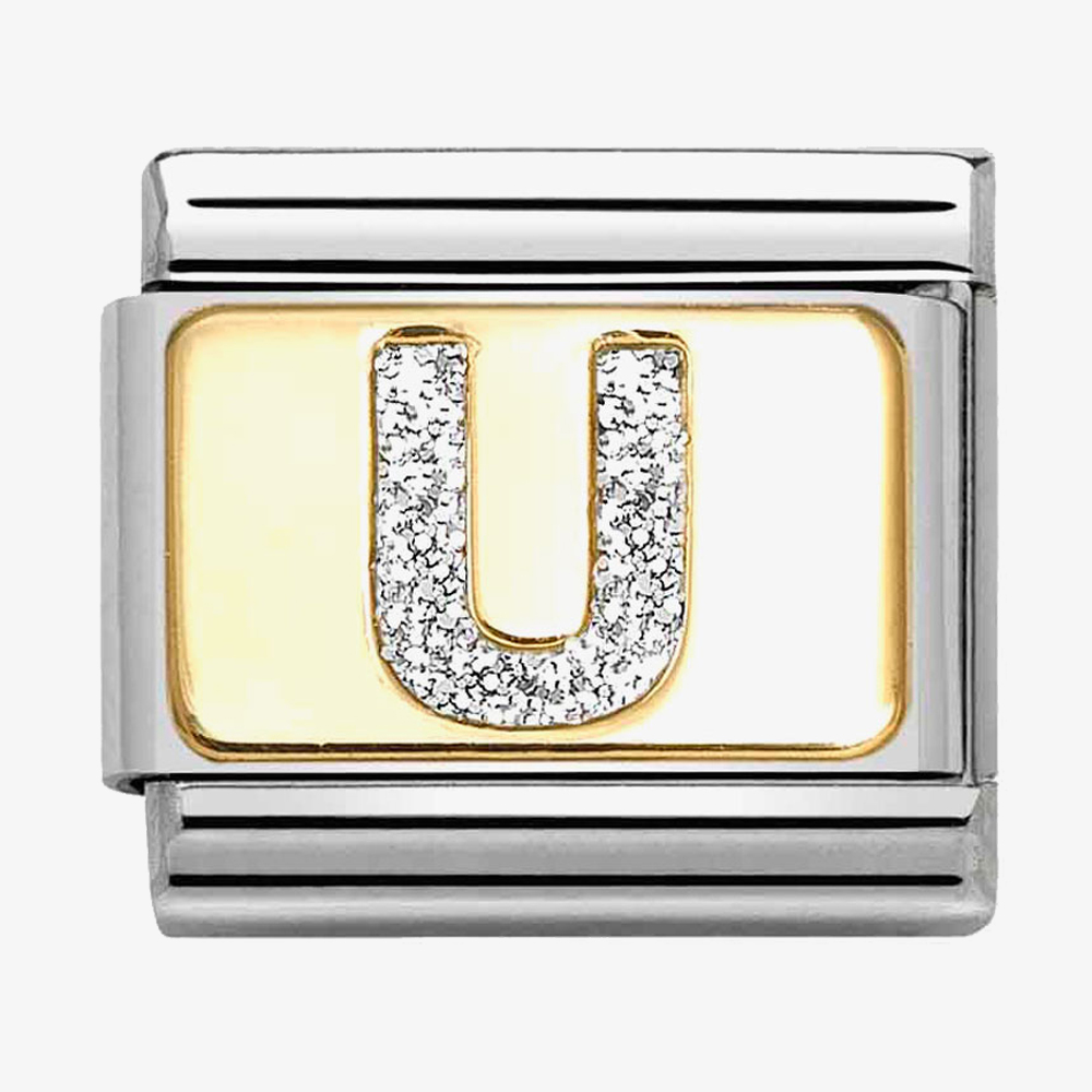Product photograph of Nomination Classic Silver Glitter Letter U Charm 030291 21 from The Jewel Hut
