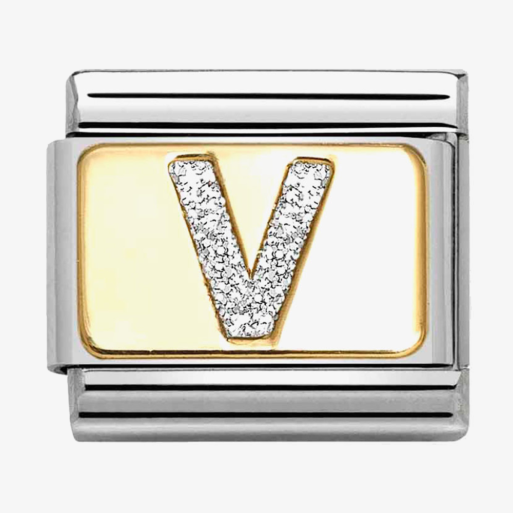 Product photograph of Nomination Classic Silver Glitter Letter V Charm 030291 22 from The Jewel Hut