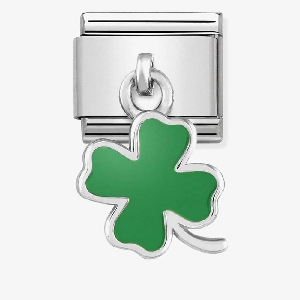 Product photograph of Nomination Classic Silvershine Green Four Leaf Clover Drop Charm 331805 01 from The Jewel Hut