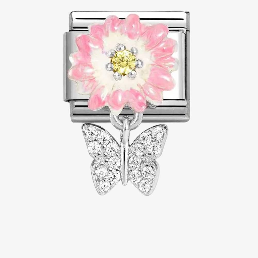 Product photograph of Nomination Classic Silvershine Two Colour Pink Flower Butterfly Dropper Charm 331814 08 from The Jewel Hut