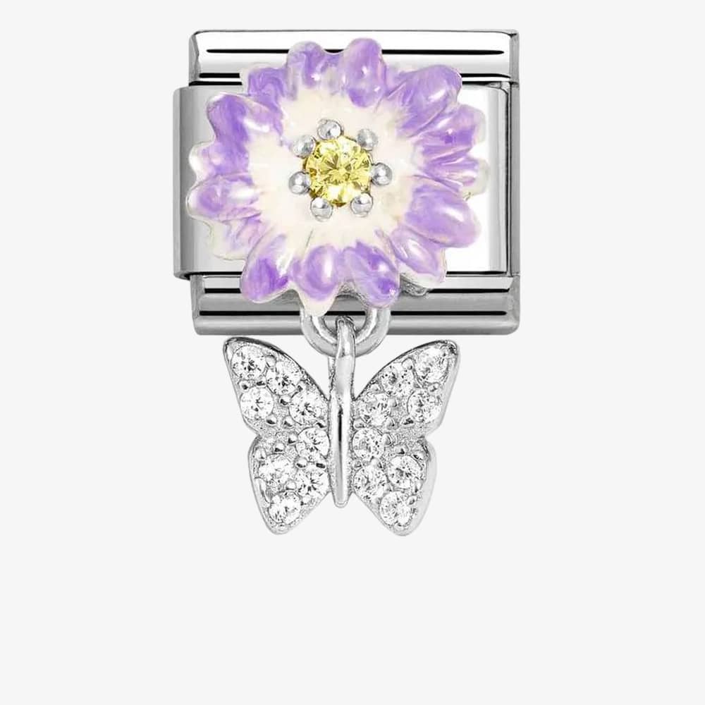 Product photograph of Nomination Classic Silvershine Purple Flower Butterfly Dropper Charm 331814 11 from The Jewel Hut