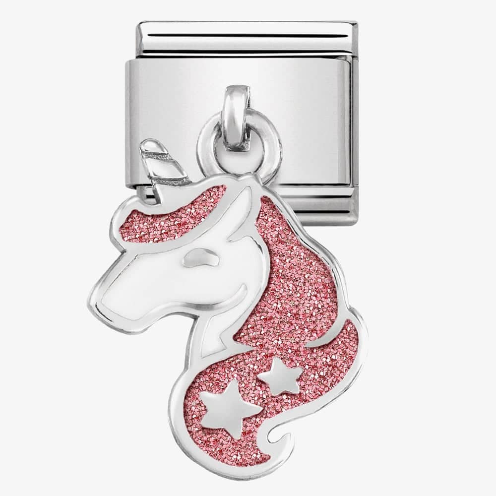 Product photograph of Nomination Classic Silvershine White And Pink Glitter Unicorn Drop Charm 331805 13 from The Jewel Hut