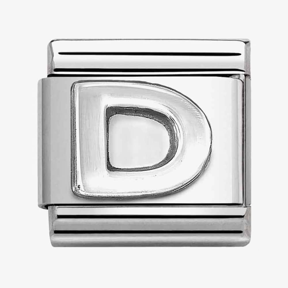 Product photograph of Nomination Classic Composable Oxidised Silver Letter D Charm 330113 04 from The Jewel Hut