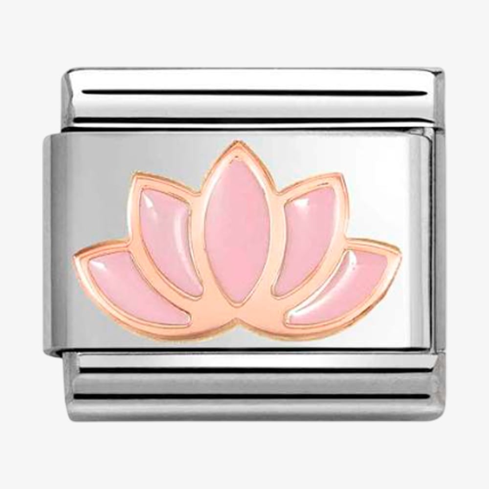 Product photograph of Nomination Stainless Steel 9ct Rose Gold Pink Lotus Flower Charm 430202 44 from The Jewel Hut