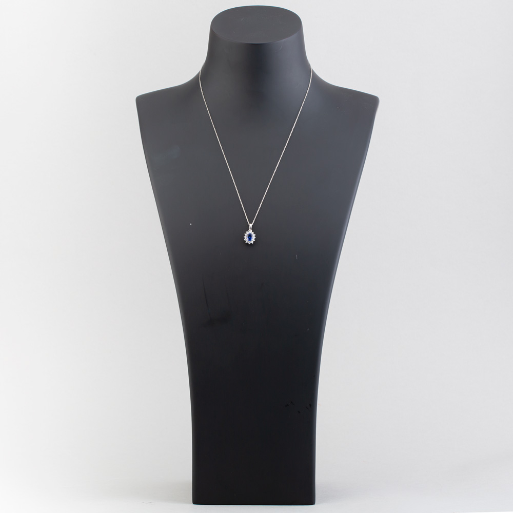 9ct White Gold Oval Cut Sapphire & Cubic Zirconia Halo Necklace D152307WB