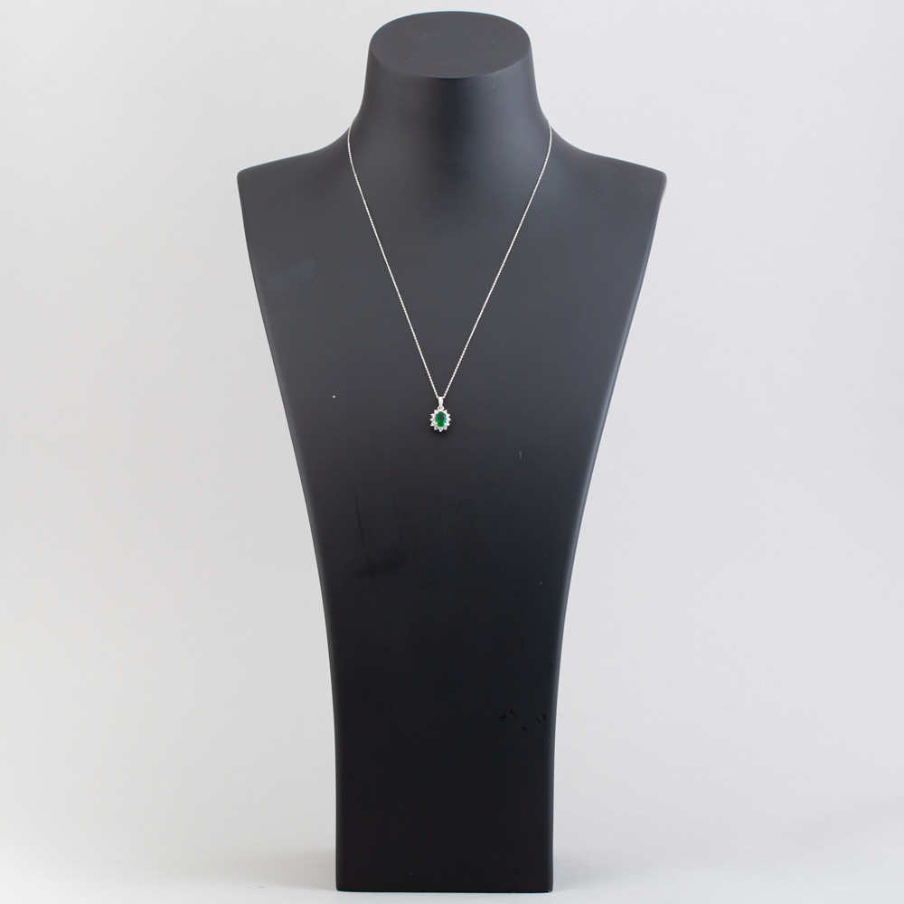 9ct White Gold Oval Cut Emerald & Cubic Zirconia Halo Necklace D152307WG