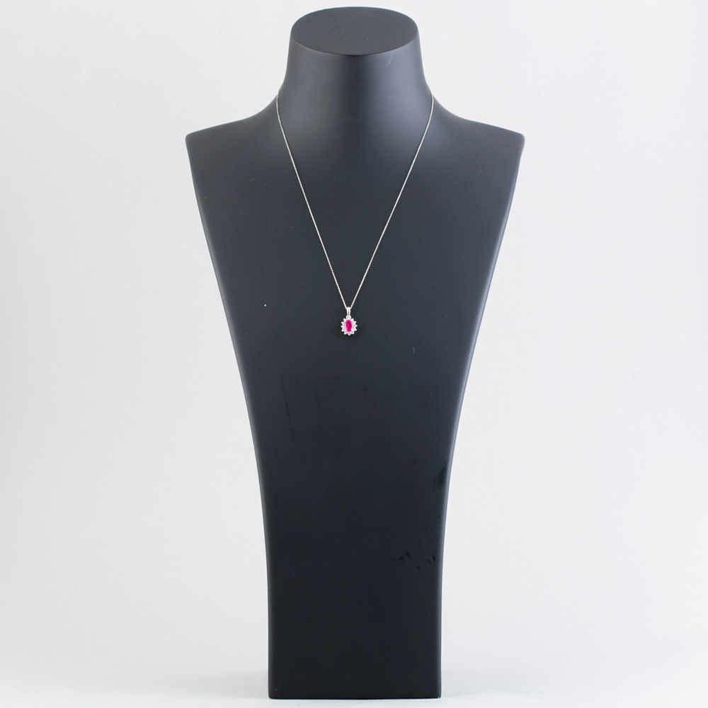 9ct White Gold Oval Cut Ruby & Cubic Zirconia Halo Necklace D152307WR