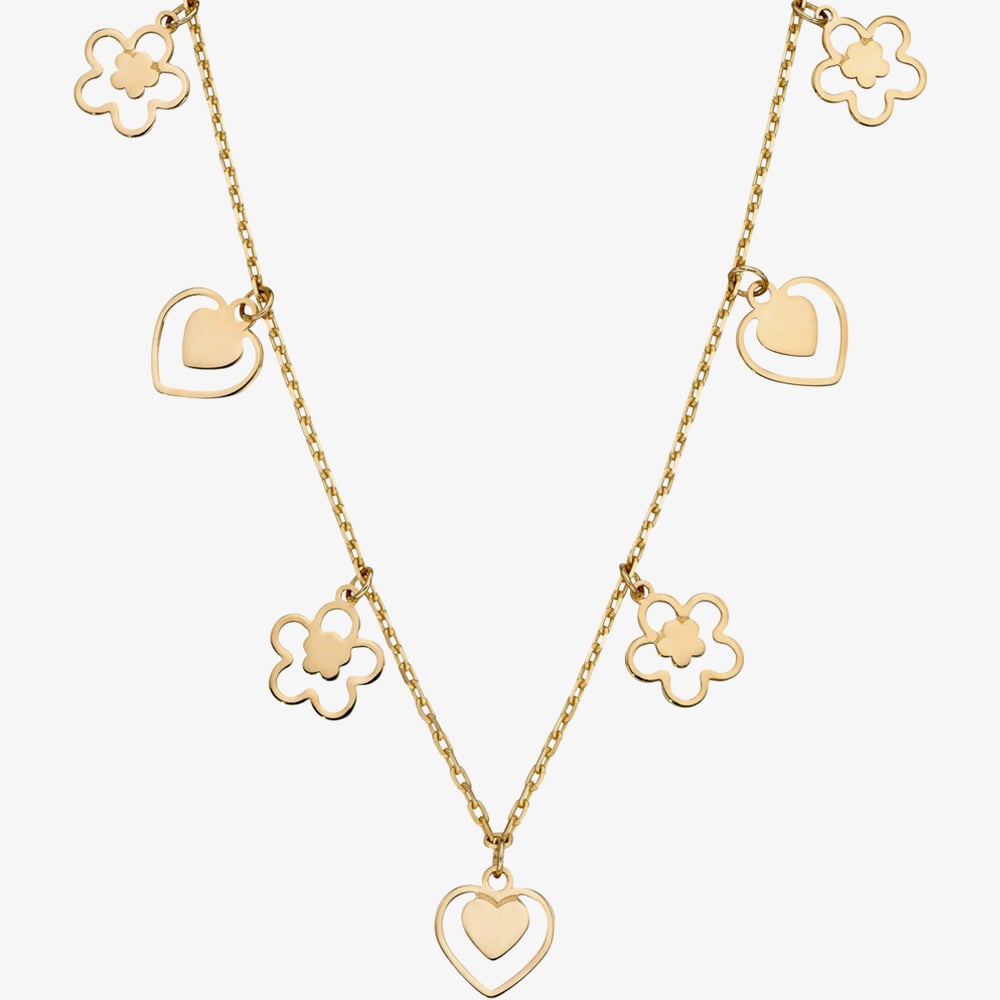 Product photograph of 9ct Yellow Gold Heart Amp Flower Charm Necklace Gn363 from The Jewel Hut