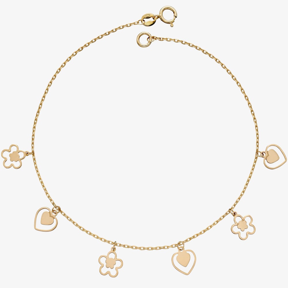 Product photograph of 9ct Yellow Gold Heart Amp Flower Charm Bracelet Gb508 from The Jewel Hut