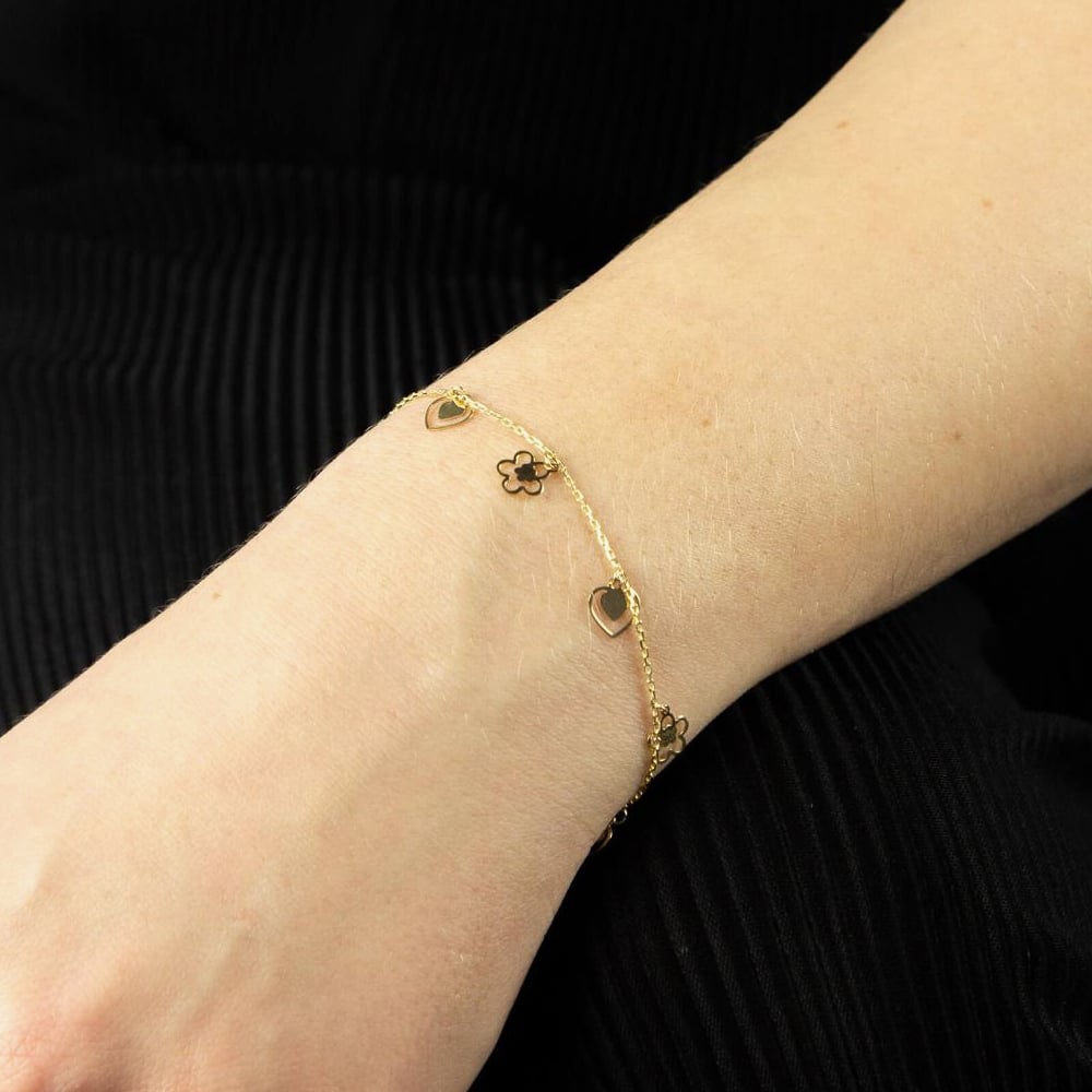 9ct Yellow Gold Heart & Flower Charm Bracelet GB508