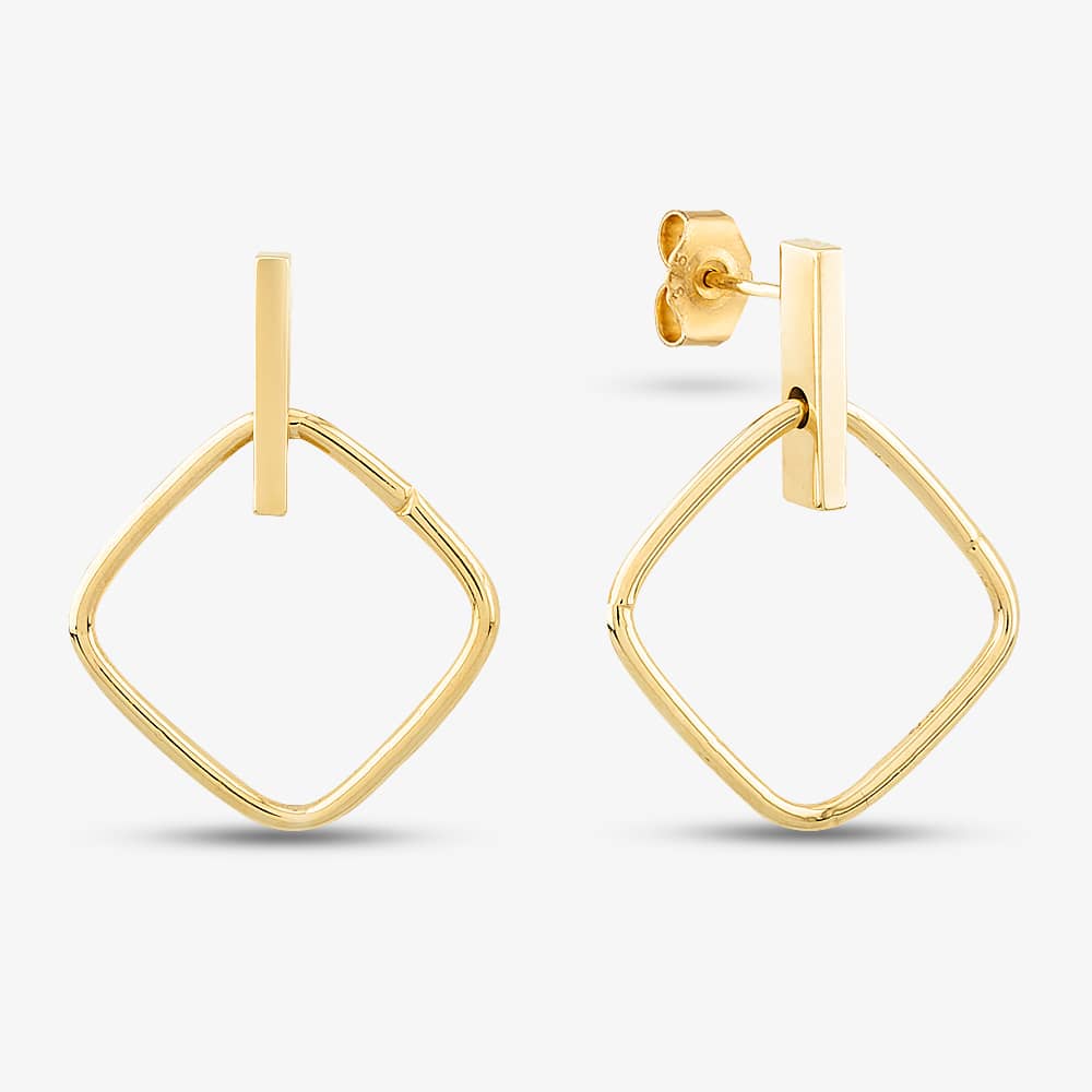 Product photograph of 9ct Yellow Gold Bar Amp Open Cushion Shaped Stud Dropper Earrings Er582 from The Jewel Hut