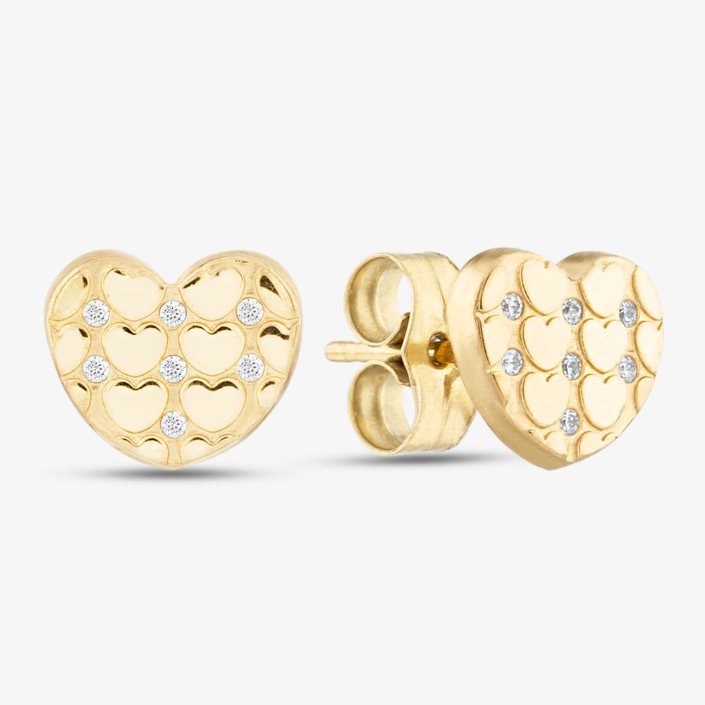 Product photograph of 9ct Yellow Gold Patterned Cubic Zirconia Heart Stud Earrings Se597 from The Jewel Hut