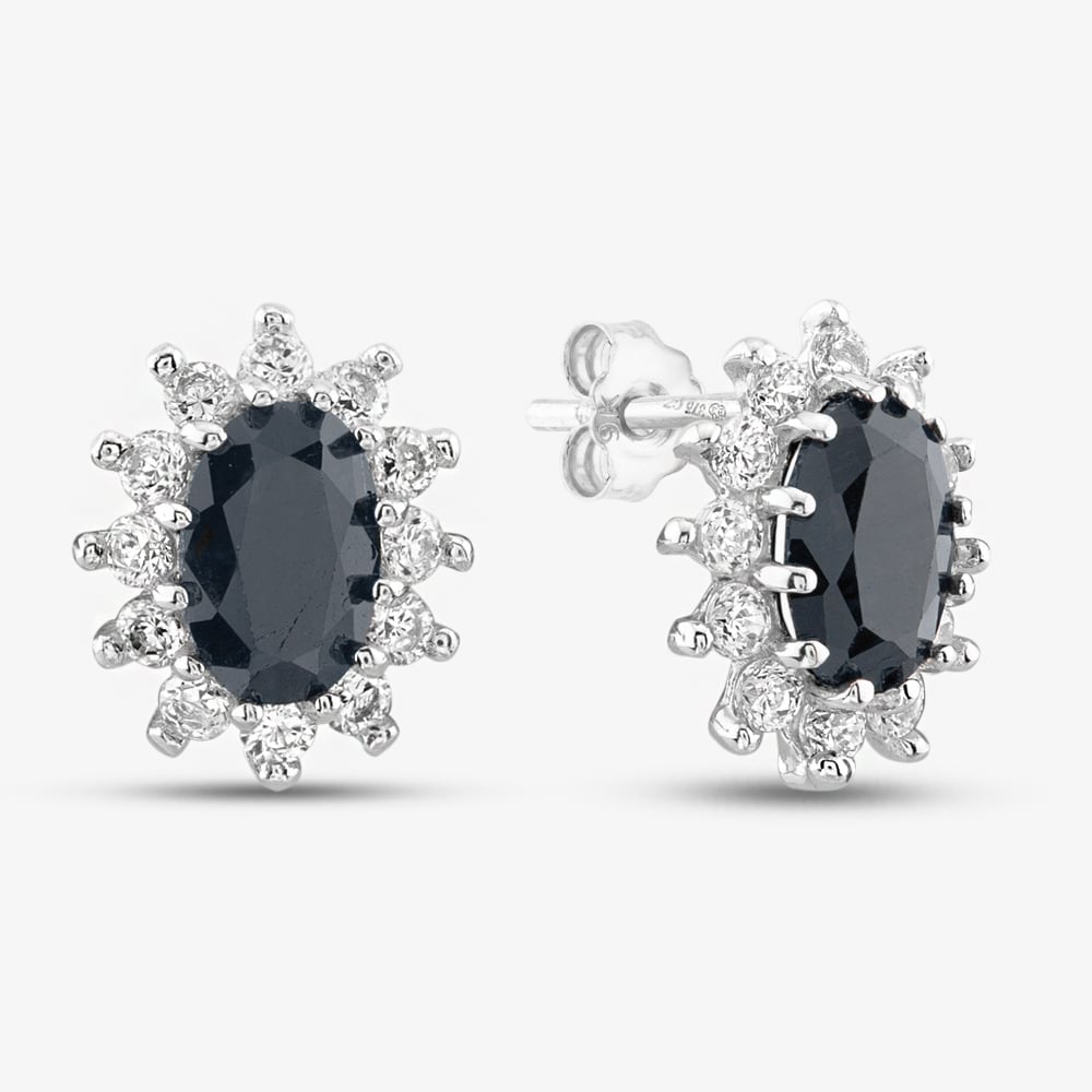 9ct White Gold Oval Cut Black Sapphire Cubic Zirconia Halo Stud Earrings 1.58.9649