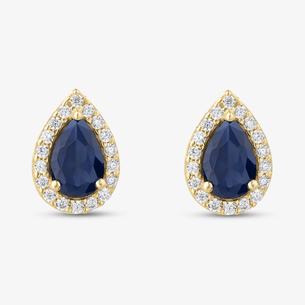 Gold Impression 9ct Yellow Gold Pear Cut Blue Cubic Zirconia Halo Stud Earrings 1.59.1928