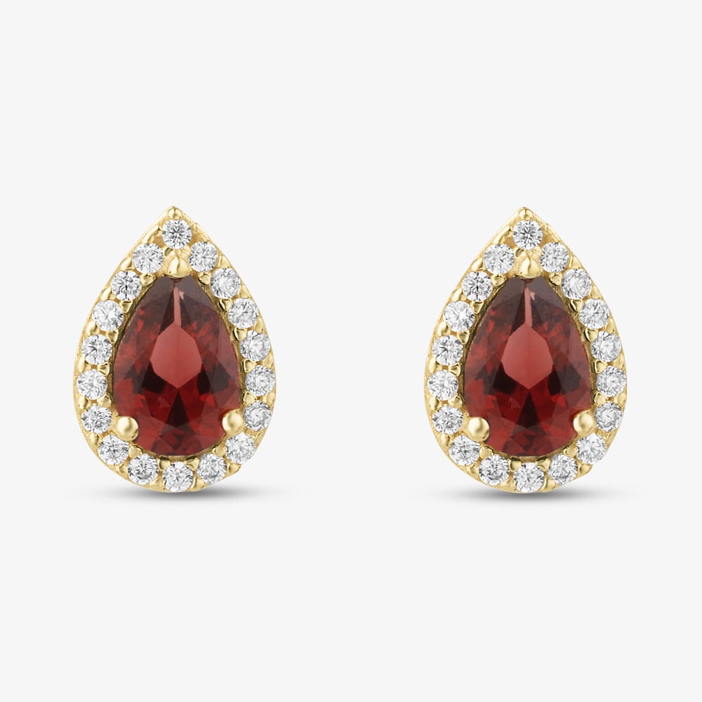 Gold Impression 9ct Yellow Gold Pear Cut Red Cubic Zirconia Halo Stud Earrings 1.59.1929