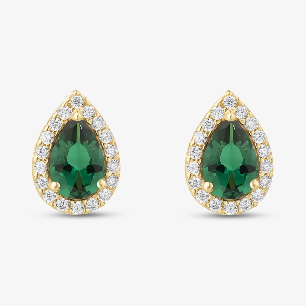 Gold Impression 9ct Yellow Gold Pear Cut Green Cubic Zirconia Halo Stud Earrings 1.59.1930