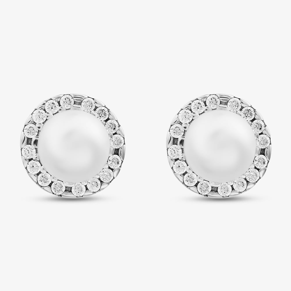 Gold Impression 9ct White Gold Cultured Pearl Crystal Halo Stud Earrings 5.58.7829