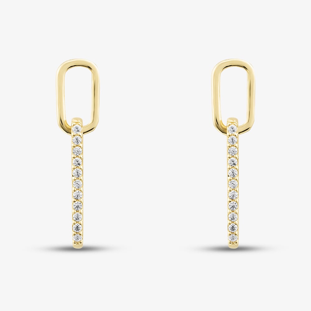 9ct Yellow Gold Cubic Zirconia Oval Double Link Drop Earrings 1.56.0006