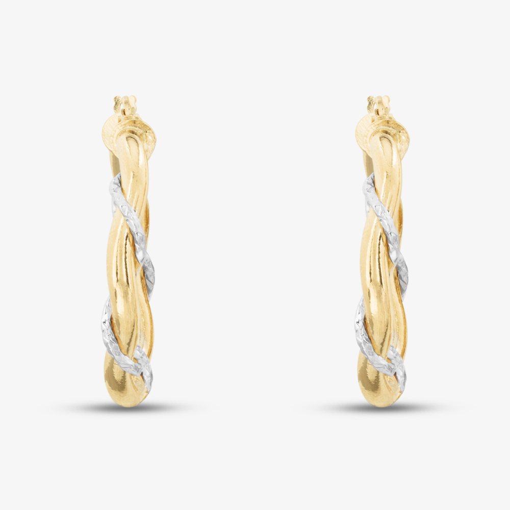 9ct Yellow Gold Two Tone Wave Rope Hoop Earrings UER137YW