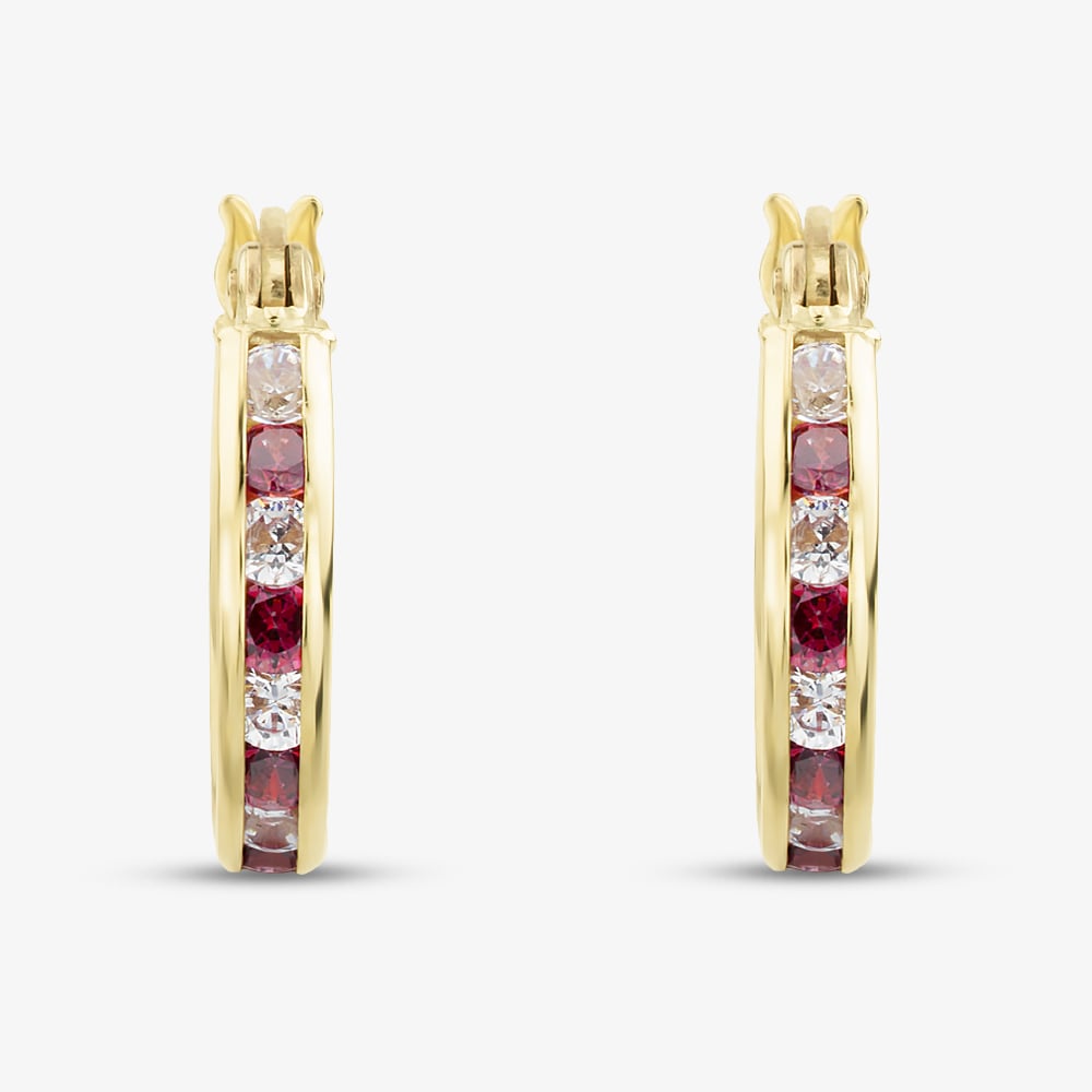9ct Yellow Gold Red & White Cubic Zirconia 14mm Hoop Creole Earrings 1.58.7109