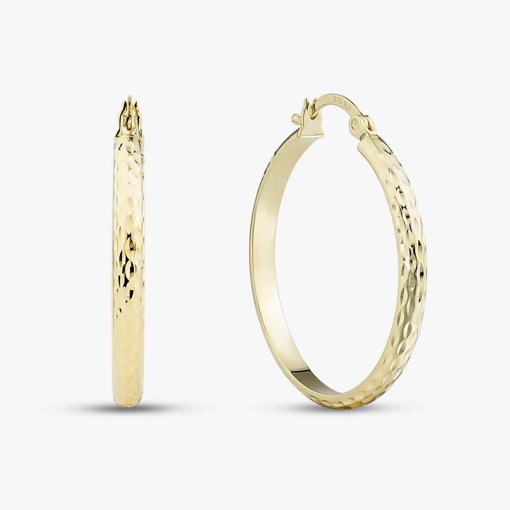 9ct Yellow Gold Medium Hammered Pattern Hoop Earrings E-HTHC-325-9Y