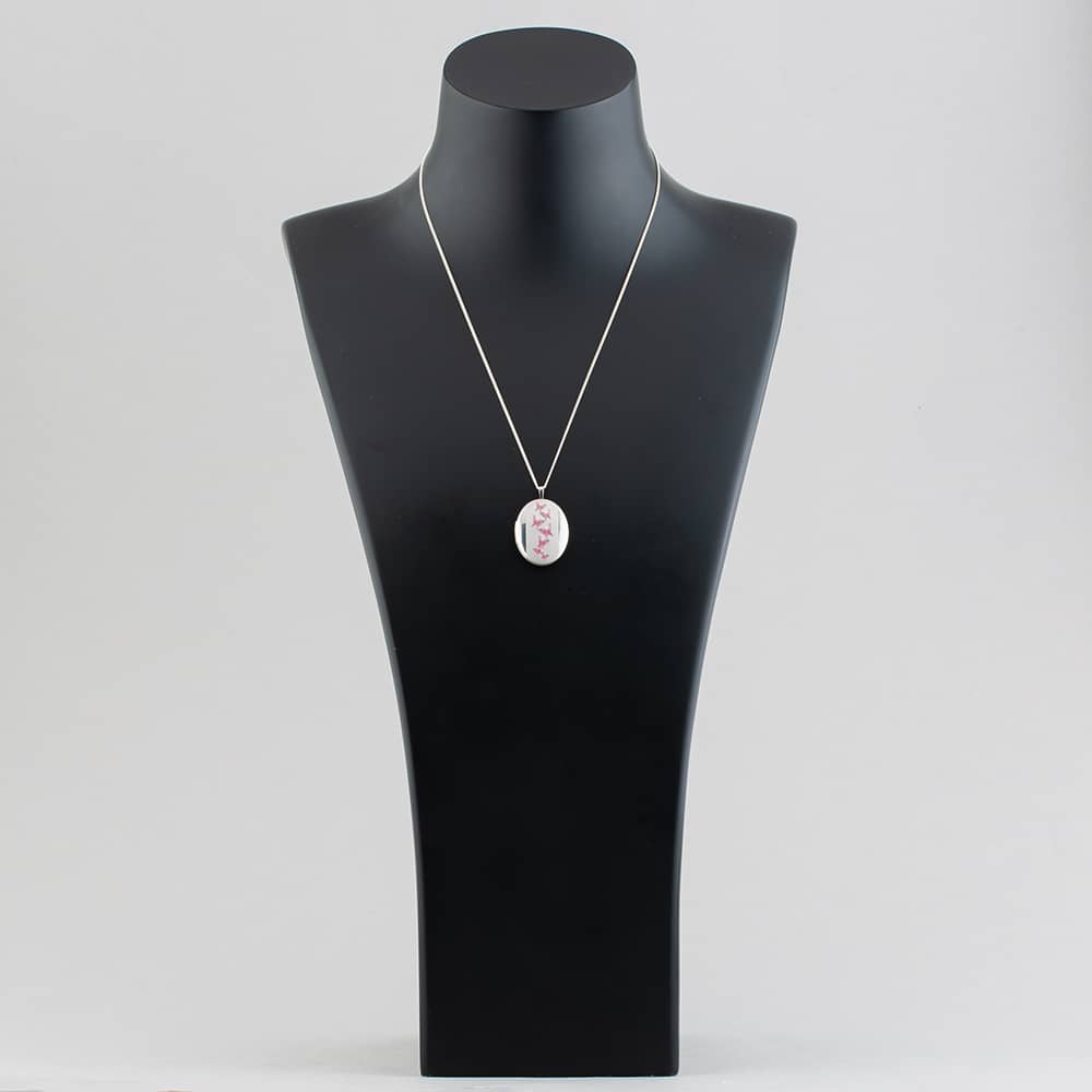 Silver Pink Enamel Butterfly Oval Locket Necklace 8.65.2651