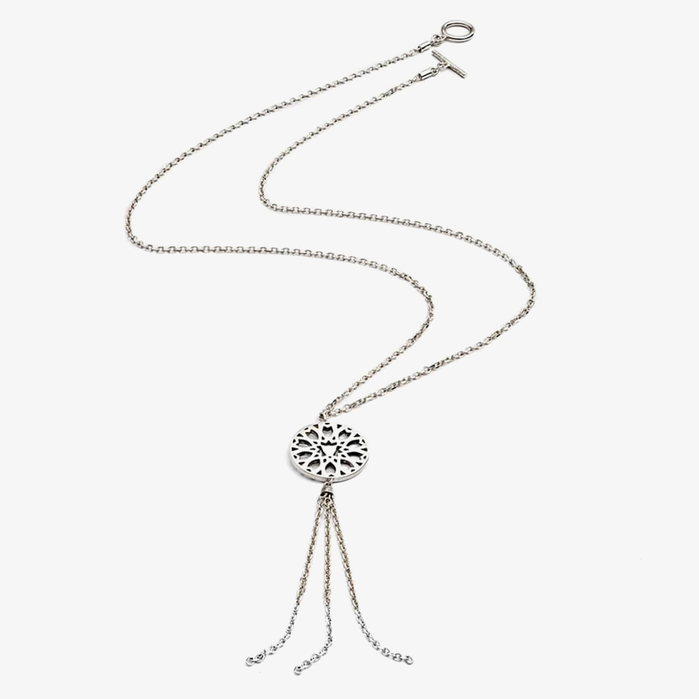 Chavin Jaguar Silver Round Disc Filigree Tassel Necklace SS059