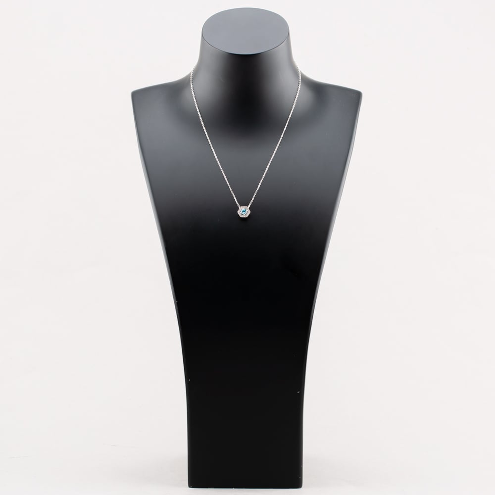 Silver Rhodium Plated Blue Cubic Zirconia Hexagon Halo Pendant Necklace 8.19.2024
