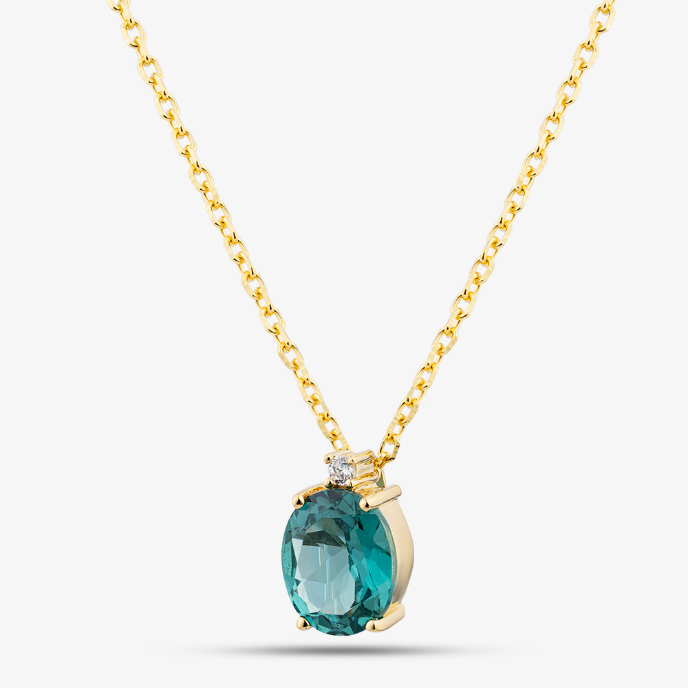 Yellow Gold Tone Plated Sterling Silver Oval Cut Teal Cubic Zirconia Pendant AP14166Z
