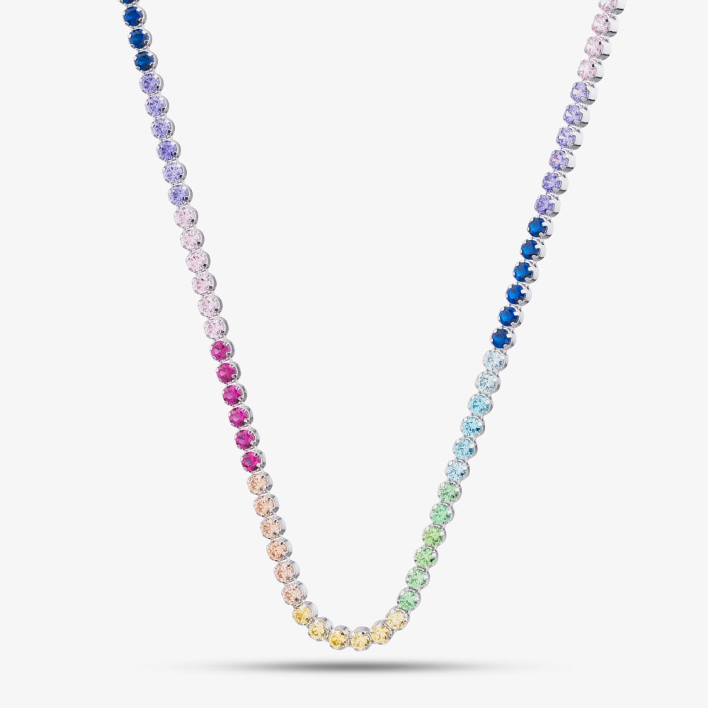 Silver Rhodium Plated Multi Coloured Tennis Necklace 8.19.0240