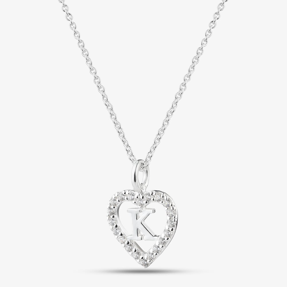 Fashionista Silver Sterling Silver Cubic Zirconia K Initial Heart Pendant 016