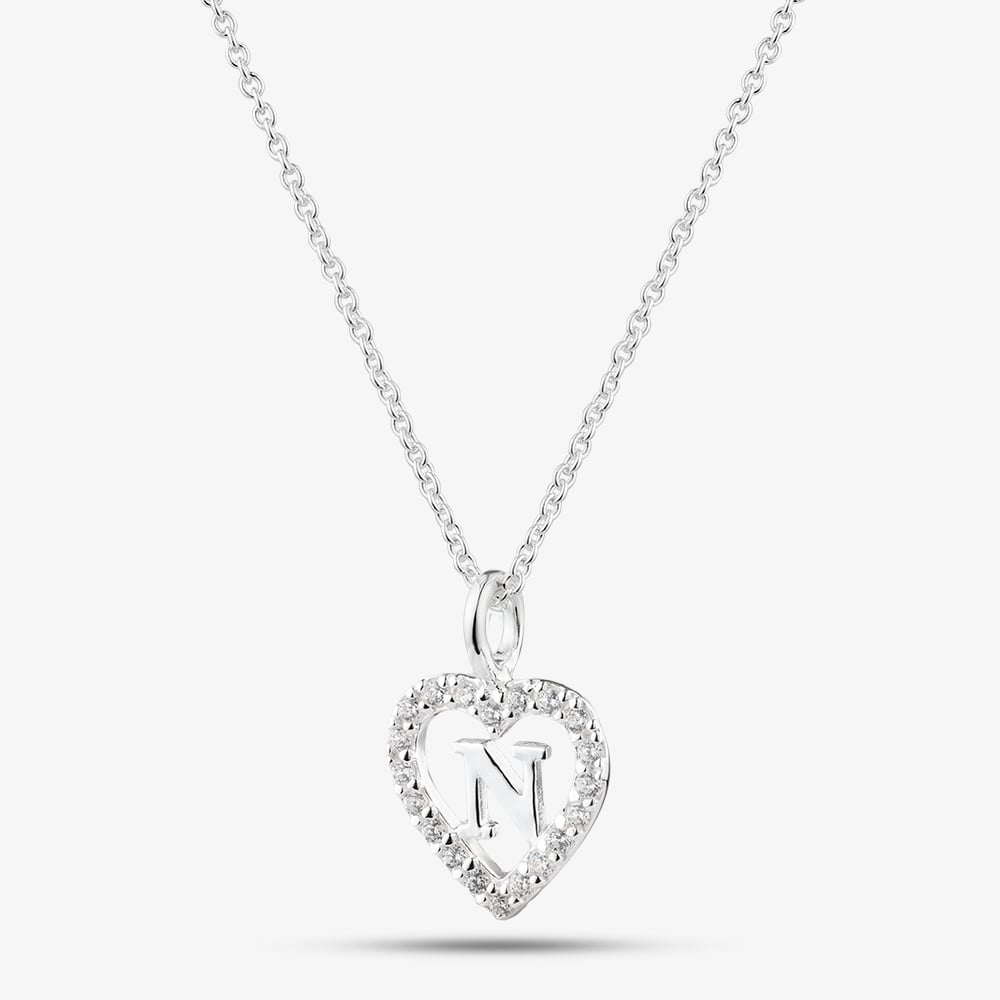 Fashionista Silver Sterling Silver Cubic Zirconia N Initial Heart Pendant 016