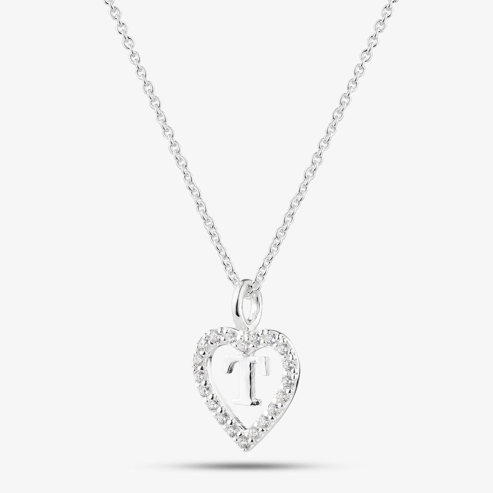 Fashionista Silver Sterling Silver Cubic Zirconia T Initial Heart Pendant 016