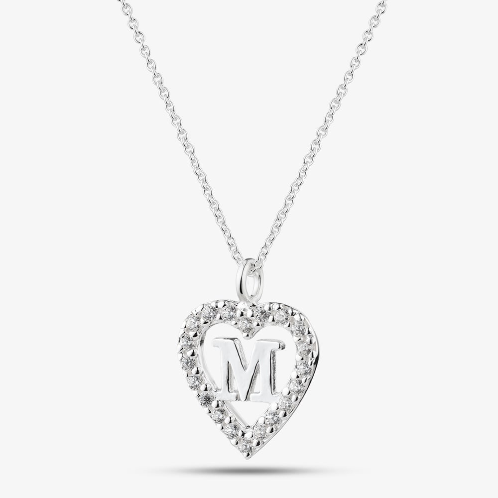 Fashionista Silver Sterling Silver Cubic Zirconia M Initial Heart Pendant 016