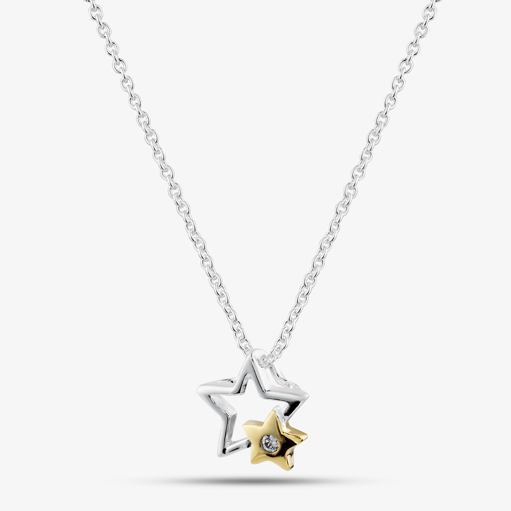 Fashionista Silver Sterling Silver Cubic Zirconia Two Tone Stars Pendant 016-35585