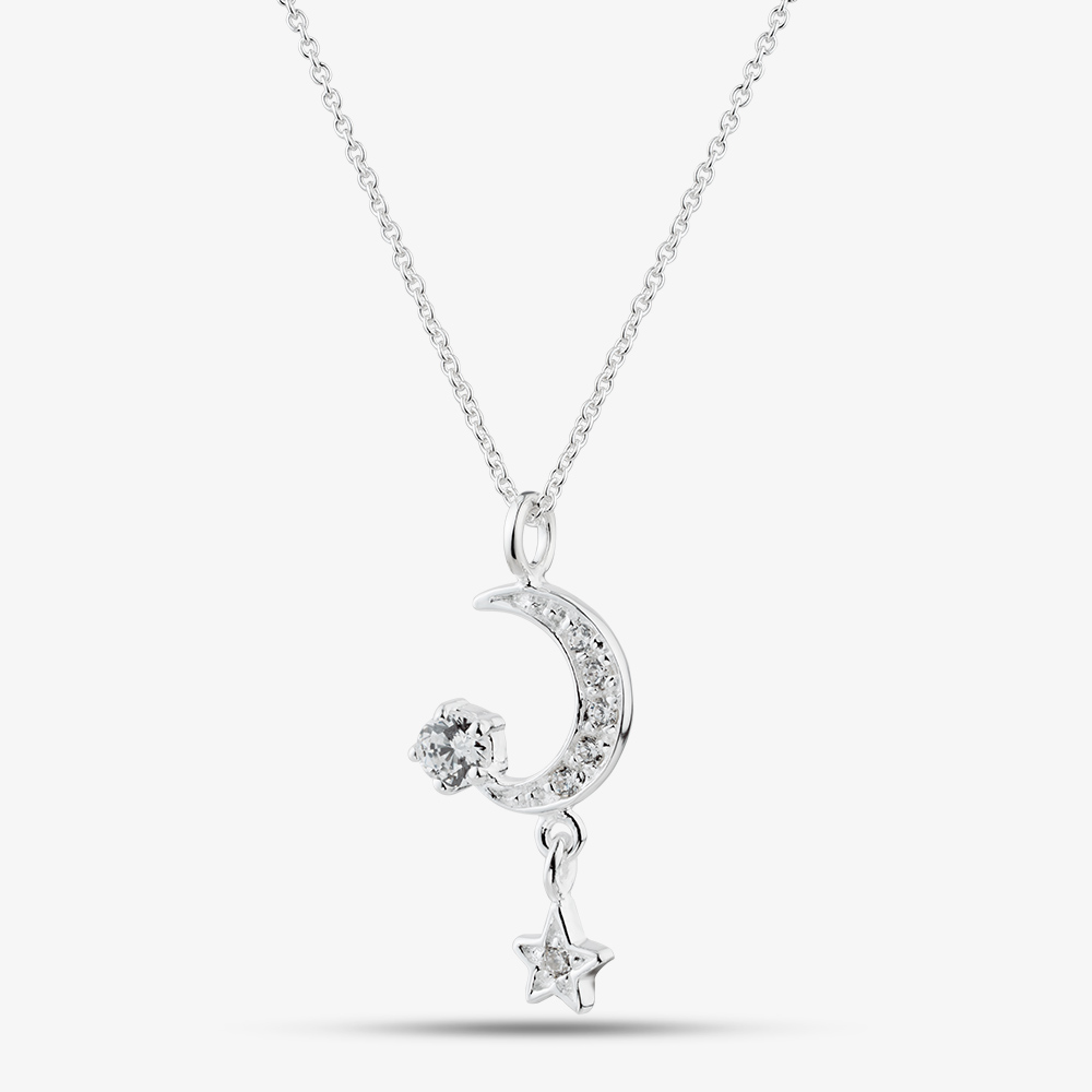 Fashionista Silver Sterling Silver Cubic Zirconia Moon and Star Pendant 016