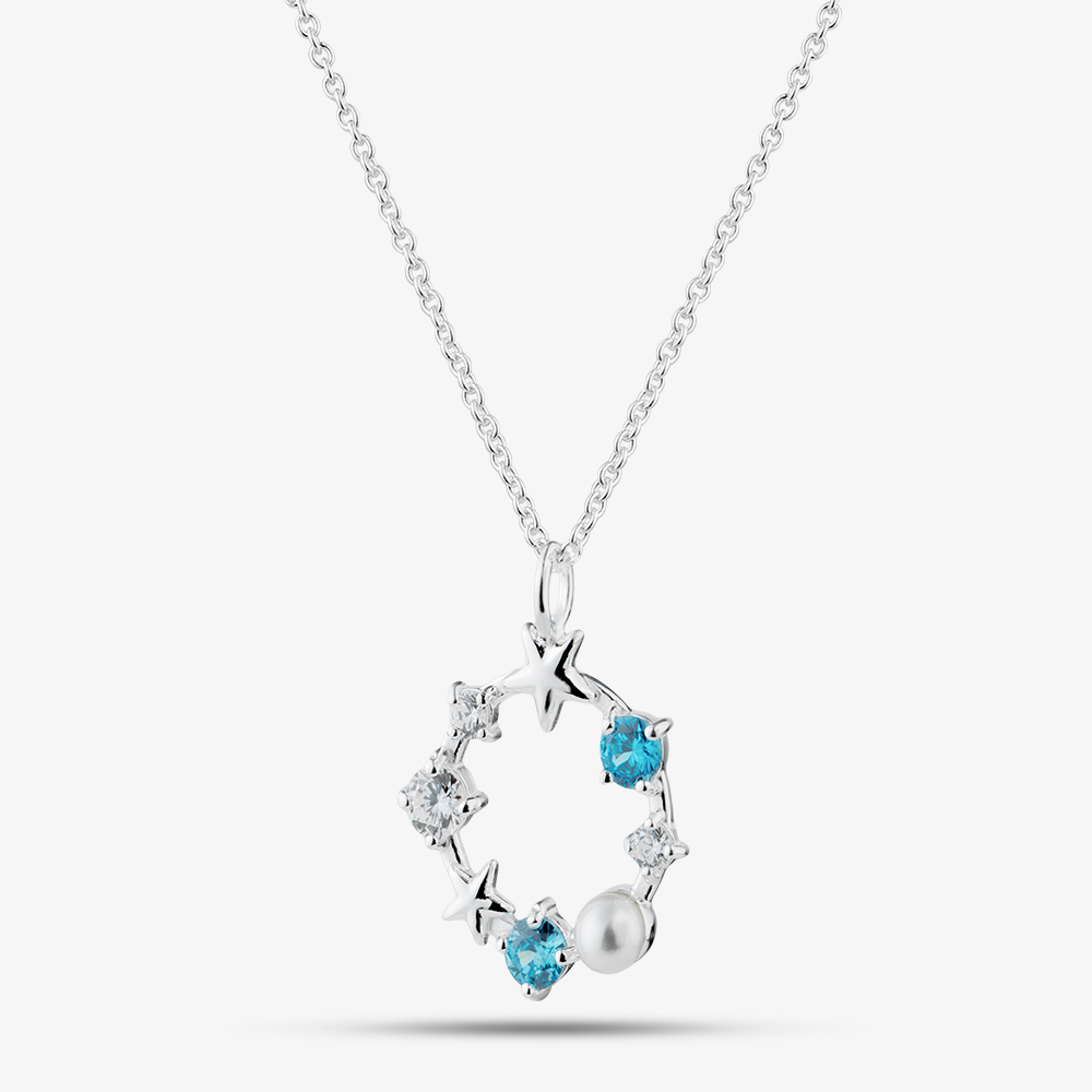 Fashionista Silver Sterling Silver Cubic Zirconia &amp; Simulated Pearl Star Wreath Pendant 016