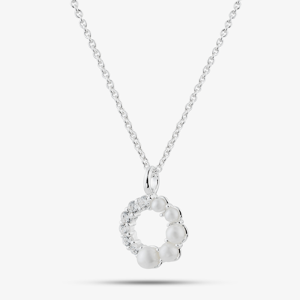Fashionista Silver Sterling Silver Simulated Pearl &amp; Cubic Zirconia Circle Pendant 016