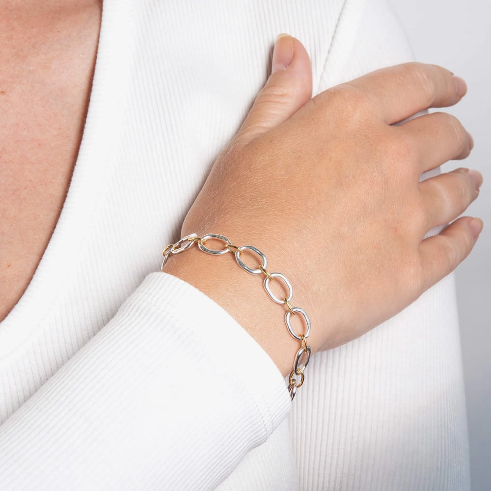 Fashionista Silver Sterling Silver Two Tone Oval Link Bracelet B5662