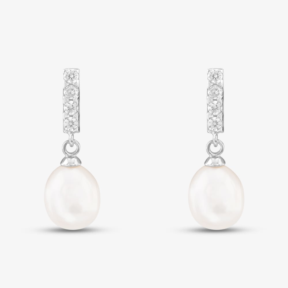 Sterling Silver Freshwater Pearl & Cubic Zirconia Drop Earrings E3385W
