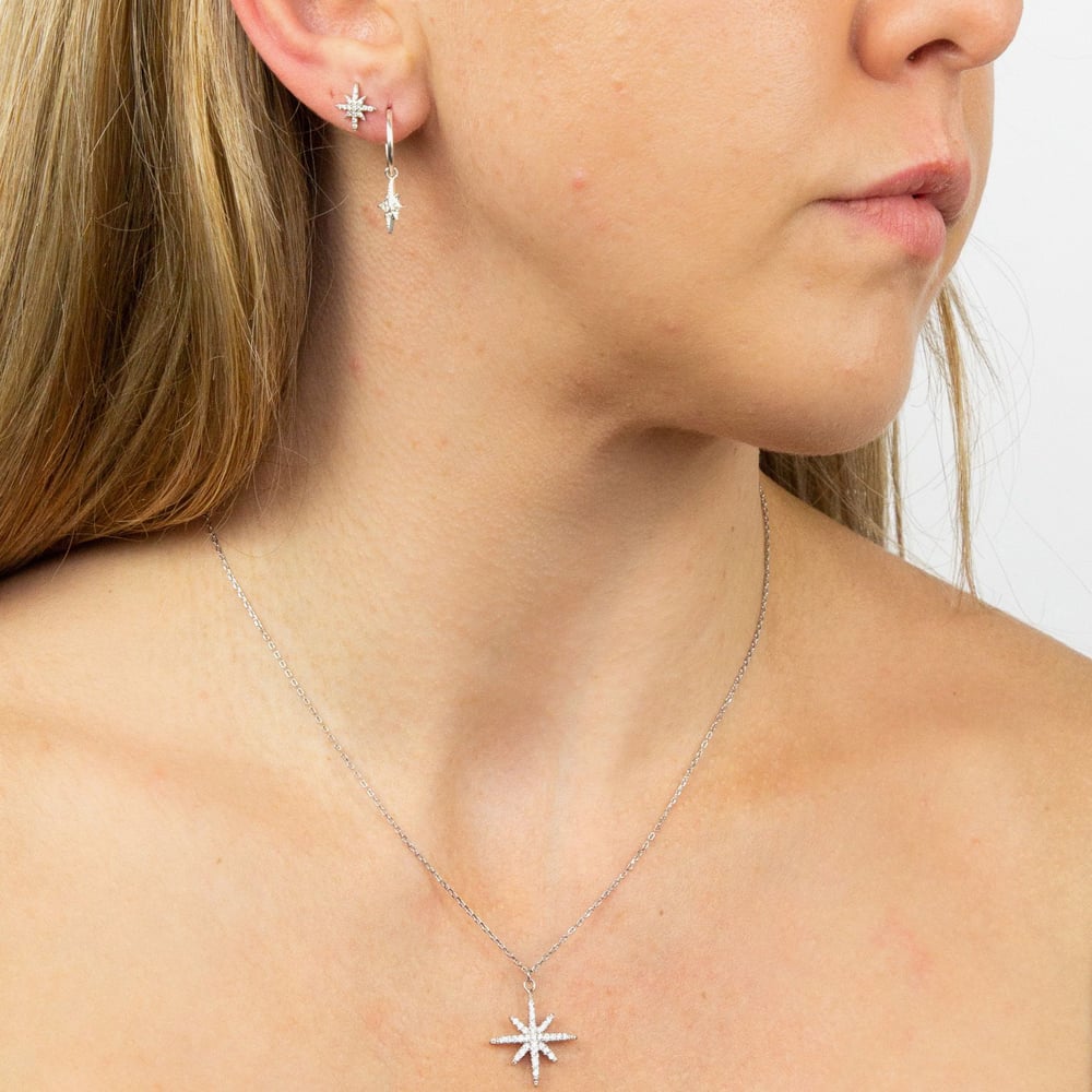 Sterling Silver Cubic Zirconia Pave Starburst Hoop Earrings E6044C