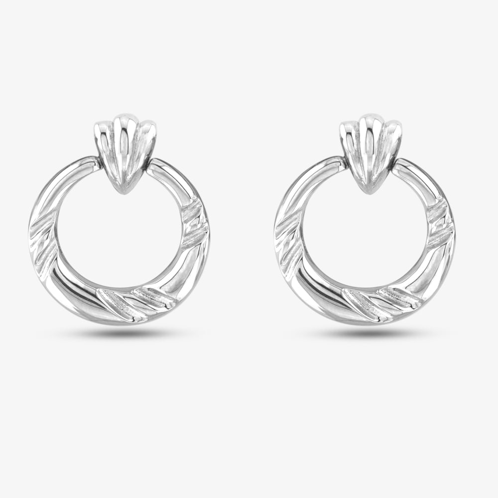Silver Patterned Circle Dropper Stud Earrings SE05417A