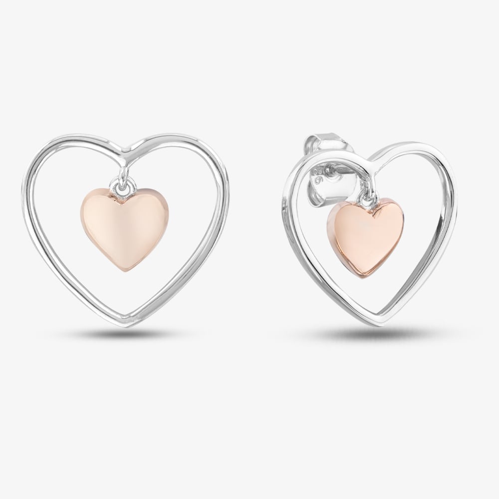 Product photograph of Silver Rose Gold Plated Double Heart Stud Earrings Sed0362a from The Jewel Hut