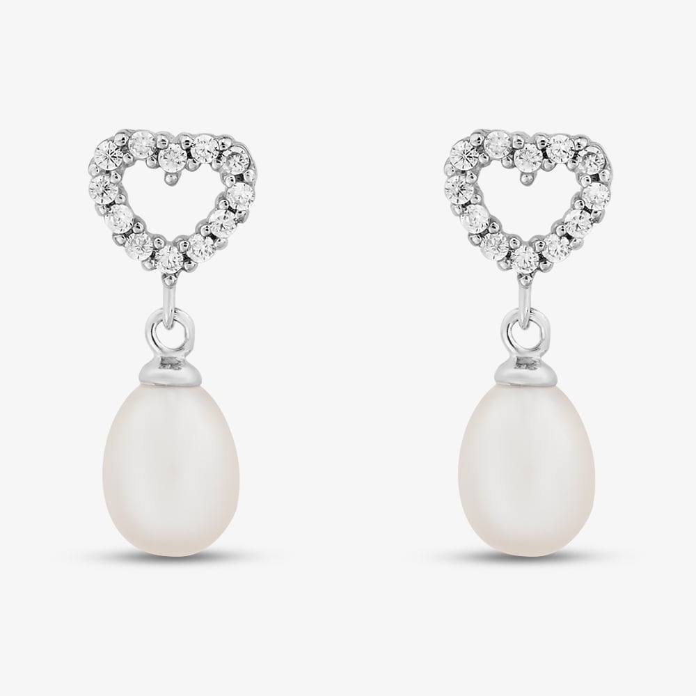Sterling Silver Freshwater Pearl & Cubic Zirconia Heart Dropper Earrings EOW70139FW