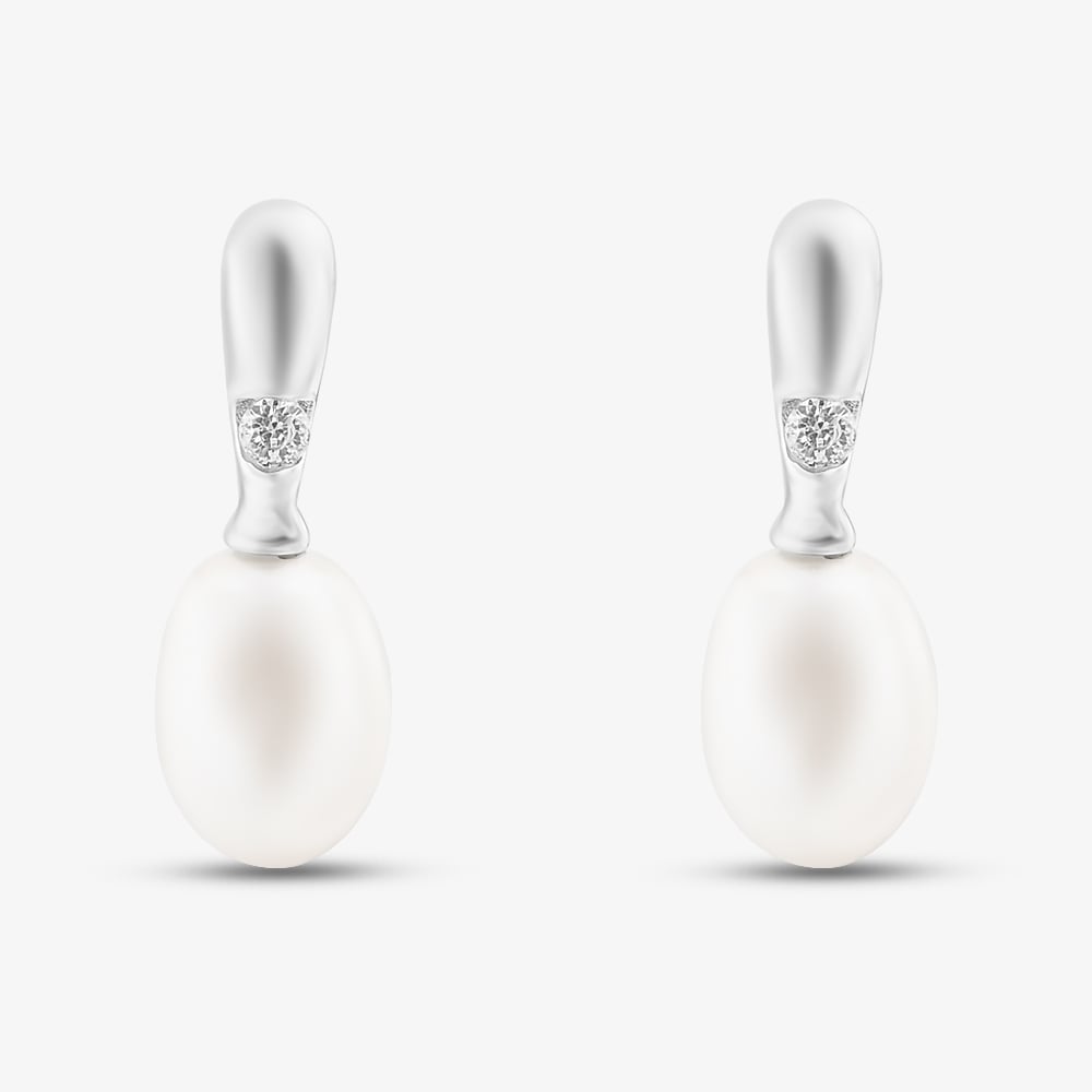 Sterling Silver Freshwater Pearl & Cubic Zirconia Bar Dropper Earrings EOW70140FW